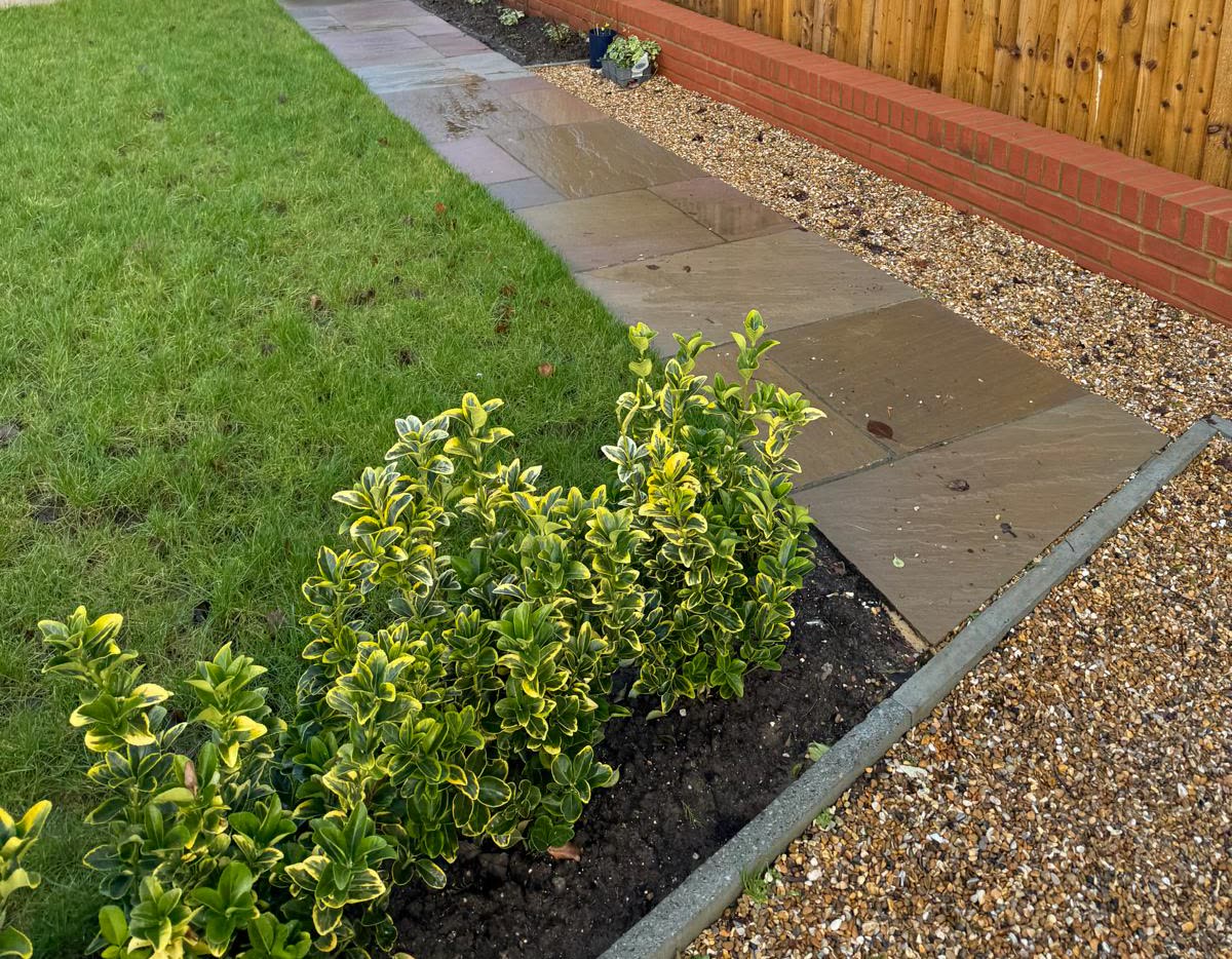 New sandstone path, brick planter wall and fencing beside the lawn