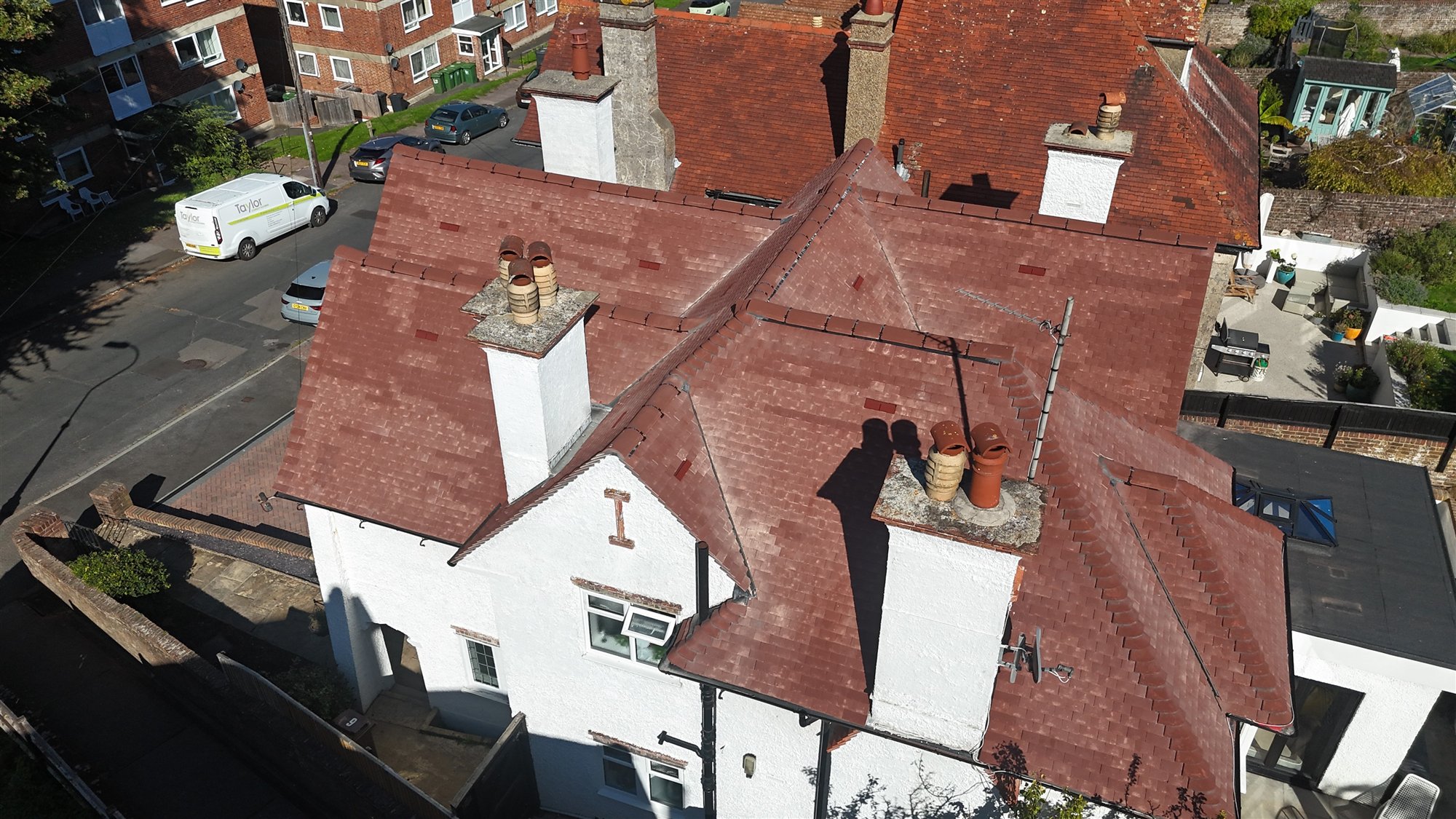 Aerial view of completed tiled roofing on an East Sussex home